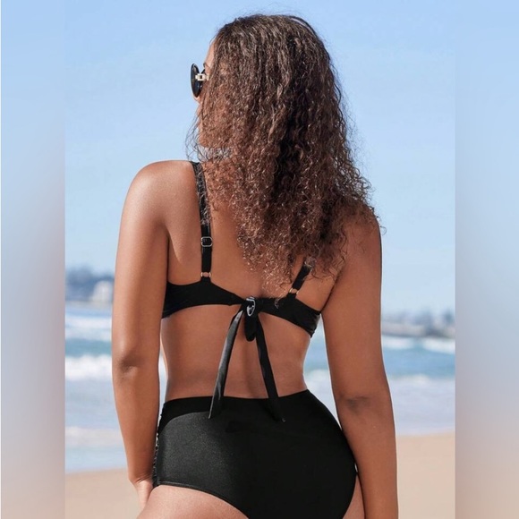 BLACK RUCHED HIGH WAISTED BIKINI SWIMSUIT SET - Picture 2 of 8